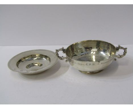 COIN INSET SILVER PRESENTATION PORRINGER, dated 1915; and silver miniature dish, 246 grams,&nbsp;by Asprey - London&nbsp;