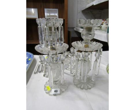 ANTIQUE GLASSWARE, pair of early 19th Century cut glass drop lustre candlesticks (requires restoration) 11" height