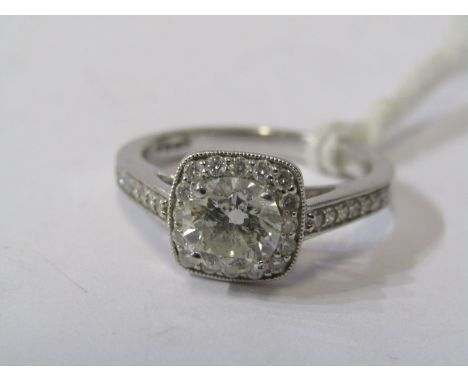 18ct WHITE GOLD DIAMOND SOLITAIRE RING, principal round brilliant cut diamond, approx 1ct, surrounded by a halo of brilliant 