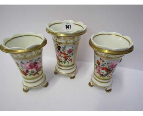 REGENCY PORCELAIN, set of 3 floral painted and gilt heightened vases in Spode style (several defects) 