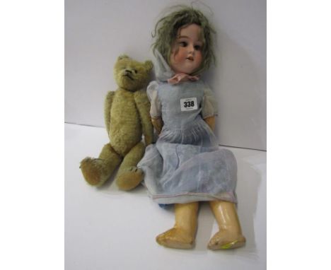 ANTIQUE DOLL, bisque headed 8" doll by Armand Marseille, mould mark 390. A.2 1/2M, together with 13" gold plush joined teddy 