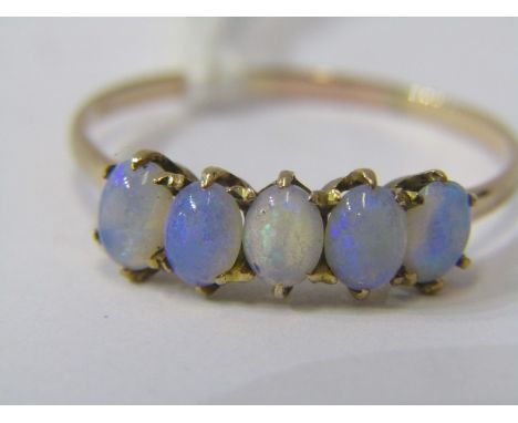 9CT YELLOW GOLD 5 STONE OPAL RING, size Q/R 