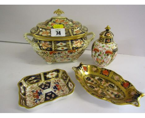 19th CENTURY CROWN DERBY "Japan" pattern lidded sucrier; together with Royal Crown Derby similar miniature lidded vase and 2 