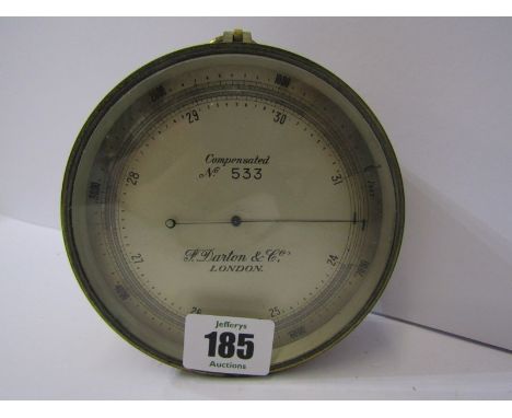 ANTIQUE BAROMETER, Compensated brass cylindrical case barometer by F. Darton &amp; Co. 4.5" dia 