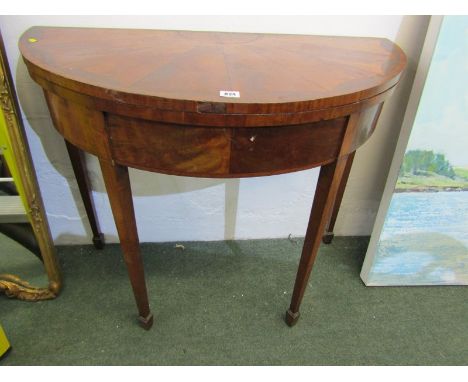 SHERATON DEMI-LUNE FOLD TOP CARD TABLE, cross banded "Fan" design (requires some restoration) 