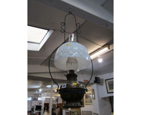 HANGING OIL LAMP, brass base hanging lamp with moulded milk glass shade 