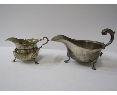 SILVER GRAVY BOAT &amp; CREAM JUG, silver gravy boat on 3 hoofed feet, Birmingham HM, 1947, together with a cream jug of simi