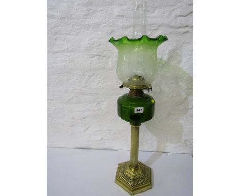 ANTIQUE OIL LAMP, brass hexagonal base column support oil lamp, green glass reservoir with attractive green tinted floral des