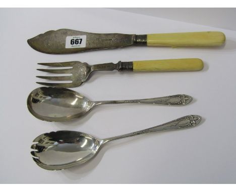 SILVER BLADED FISH SERVERS, Sheffield 1897 with ivory handles; together with pair of silver salad servers, Sheffield 1925 (16