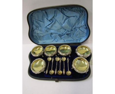 CASED SET OF 6 VICTORIAN SILVER GILT SALTS, set of 6 floral embossed circular salts with gilt interiors, London 1880, togethe