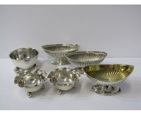 SILVER SALTS, pair of oval bodied stemmed salts with fluted decoration, Birmingham HM; together with a similar Victorian exam