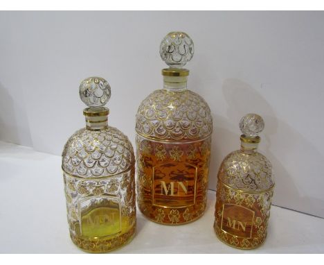 PERFUME BOTTLES, vintage Guerlain "BEE" display perfume bottle, 10" height, plus 2 matching graduated perfume bottles 