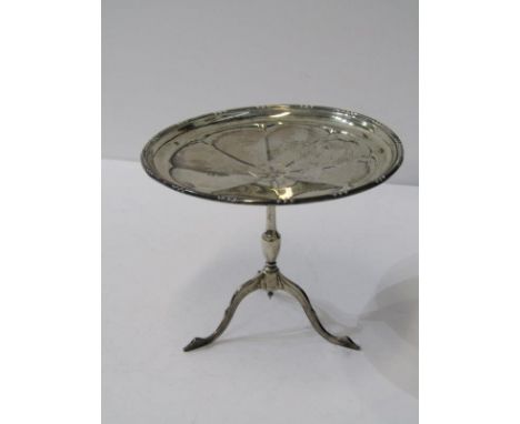 MINIATURE SILVER TRIPOD TABLE of circular form on tripod base, 4.5" (11cm) dia, Sheffield 1968, 88 grams 