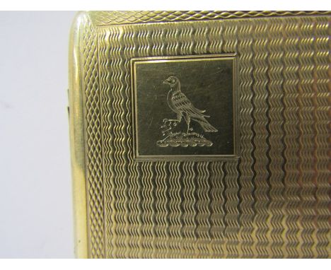 9ct YELLOW GOLD ENGINE TURNED CIGARETTE CASE with amorial to cartouche of an Eagle with Swastika in claw, approx 106 grams, d