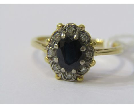 18ct YELLOW GOLD SAPPHIRE &amp; DIAMOND CLUSTER RING, principal oval cut sapphire surrounded by accent brilliant cut diamonds