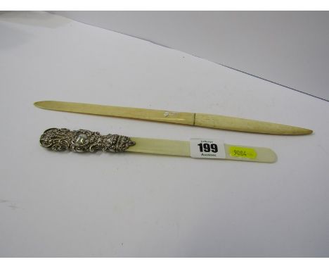 VICTORIAN IVORY AND BONE PLAIN HANDLED PAPER KNIFE together with another with ornate HM silver grip, Birmingham 1898 