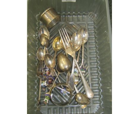 SILVER CUTLERY, collection of enamel crested teaspoons, silver serviette ring and other cutlery 