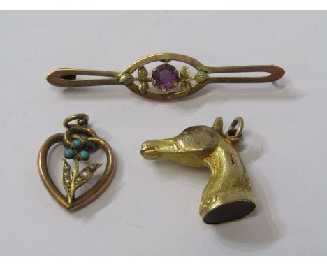GOLD &amp; YELLOW METAL ITEMS, One 9ct gold &amp; amethyst brooch in a/f condition, yellow metal turquoise and seed pearl (te