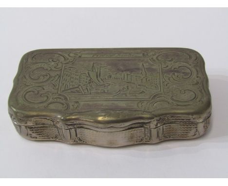CONTINENTAL WHITE METAL SNUFF BOX, HM indistinguishable, vacant cartouche, with image of town and boats in sail 