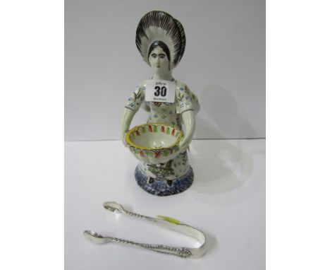 FAIENCE, salt cellar in the form of double headed woman "Josseline", 7.5" height; together with pair of silver sugar tongs 