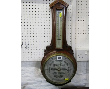 ADVERTISING, Edwardian oak cased aneroid barometer, "Harry Hall, Tailor and Habit maker, Oxford Street" 24" height 