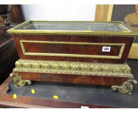 FRENCH PLANT TROUGH, a fine ornate brass mounted mahogany rectangular table top plant trough with scroll feet, 33" width 