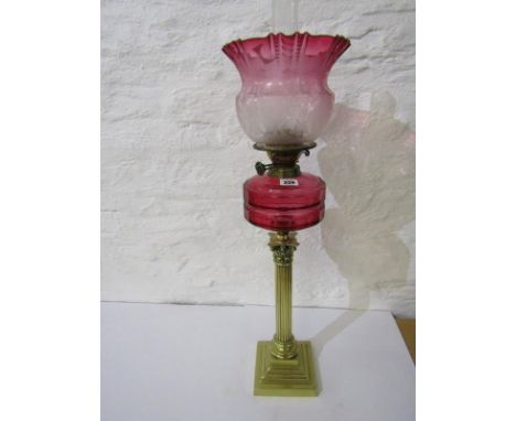 ANTIQUE OIL LAMP, cranberry glass brass column support oil lamp, cut glass reservoir with attractive acid etched cranberry ti