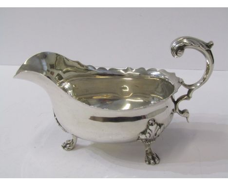 GEORGIAN DESIGN SILVER SAUCE BOAT, scroll handle on claw feet, Chester 1899, 215 grams 