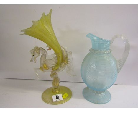 VENETIAN GLASS, Pegasus base vase, (some damage), also Victorian blue spun glass pitcher, 8" height