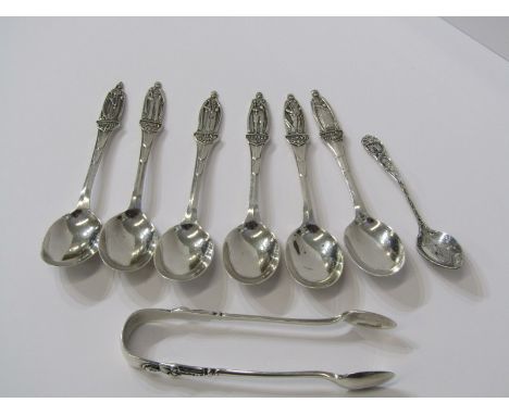 SILVER APOSTLE TEASPOON SET, set of 6 silver Apostle teaspoons with matching sugar snips, Sheffield 1936; also a small sterli