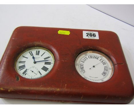 CLOCK BAROMETER SET, red leather cased "Goliath" pocket watch with matching barometer 