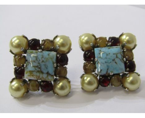 PAIR OF COSTUME JEWELLERY FAUX PEARL GARNET &amp; TORQUOISE CLIP ON EARRINGS/COLLAR STUDS BY CHRISTIAN DIOR 