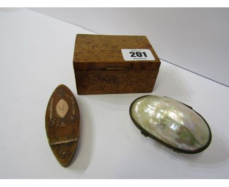 GEORGIAN SNUFF BOX, gold inlaid horn oval bodied snuff box, also Victorian shell purse body and burr ring box 