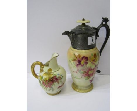 CARLTON, peach ground floral decorated jug with pewter mount; also Royal Worcester restored gilt handled ewer jug, pattern no