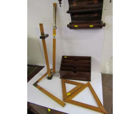 VINTAGE MEASURES, skirt height measure and 2 others; also 2 vintage cribbage boards and stationary rack 