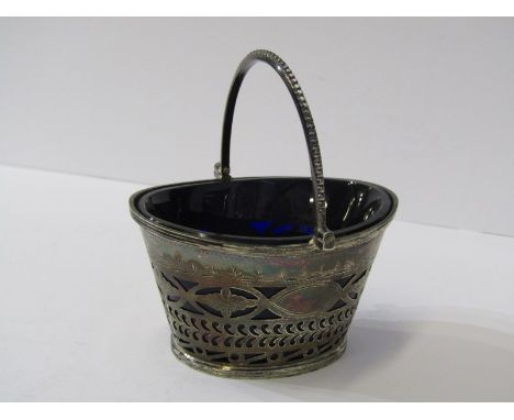 GEORGIAN DESIGN SILVER SALT, oval bodied swing handled with pierced sides and blue glass liner, Chester 1897,&nbsp;weight app