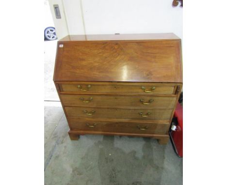 GEORGIAN MAHOGANY BUREAU, fitted interior with drawers, pigeon holes &amp; cupboard with inlaid shell motive, fitted 4 gradua