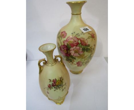 ROYAL WORCESTER PEACH GROUND, floral painted 11" vase, pattern no 294; together with 1 similar floral painted smaller vase, p