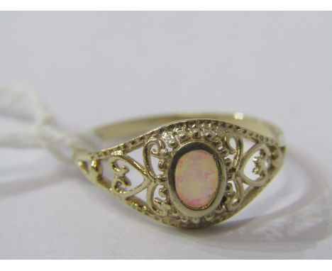 9CT YELLOW GOLD OPAL SOLITAIRE RING, unusual filigree design shank, size R