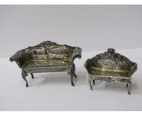 SILVER DOLLS HOUSE FURNITURE, 2 Edwardian Continental silver settees, Chester 1901 and 1904, import mark by Piddington 