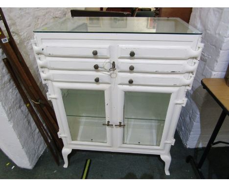 VINTAGE DENTAL CABINET, white enamelled Continental design dental cabinet with glazed twin cupboard base and 3 short drawers,