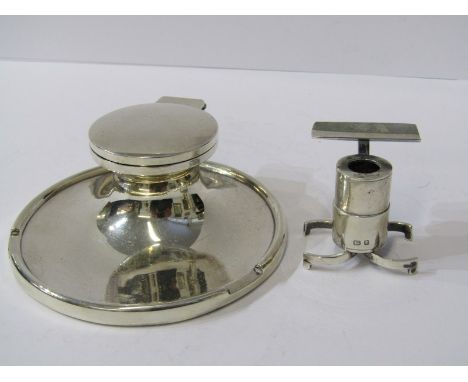 SILVER INKWELL, circular base table top ink well, Birmingham 1928; also novelty silver ashtray 