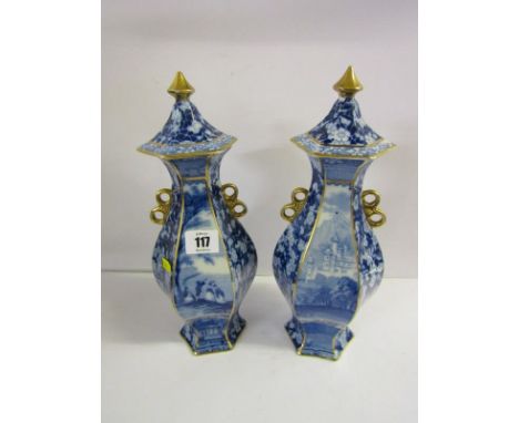 JENNY LIND, pair of 19th Century Wilkinson hexagonal lidded 12" vases 