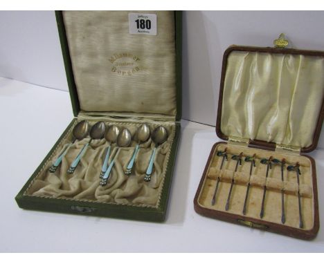 ART NOUVEAU, cased set of 6 enamelled silver coffee spoons in original box "M Hammer Bergen"; together with 6 enamelled cocke