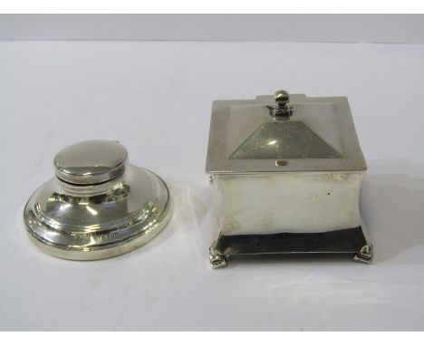 SILVER INKWELLS, square base waisted body tabletop inkwell, Birmingham 1912 and similar circular based inkwell 