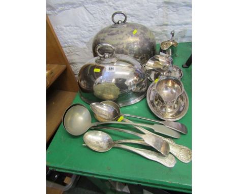 SILVER PLATE, 2 meat domes, antique plated soup ladle with serving spoons and other tableware 