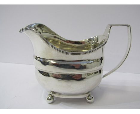 GEORGE III HM SILVER CREAM JUG, rectangular bodied silver cream jug with ball feet, London possibly 1810, 130 grams 