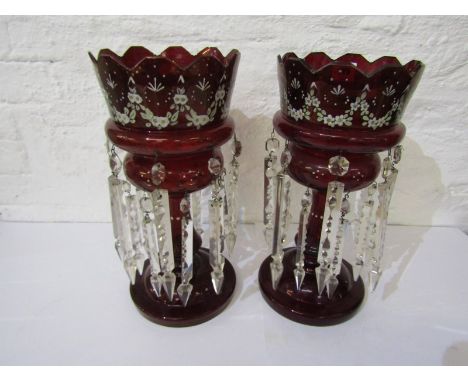 VICTORIAN DROP LUSTRES, 19th Century ruby cased circular based drop lustre vases with enamel swag decoration, 14" height 