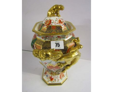 SPODE, "Dragon" gilt octagonal form lidded vase, 12" height (body crack) 