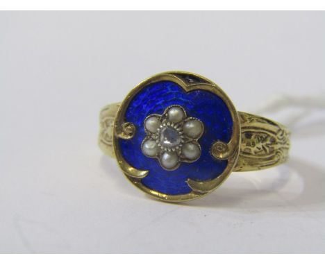 ANTIQUE BLUE GUILLOCHE ENAMEL SEED PEARL &amp; DIAMOND RING, testing high carat (15) gold, possibly French, size P 